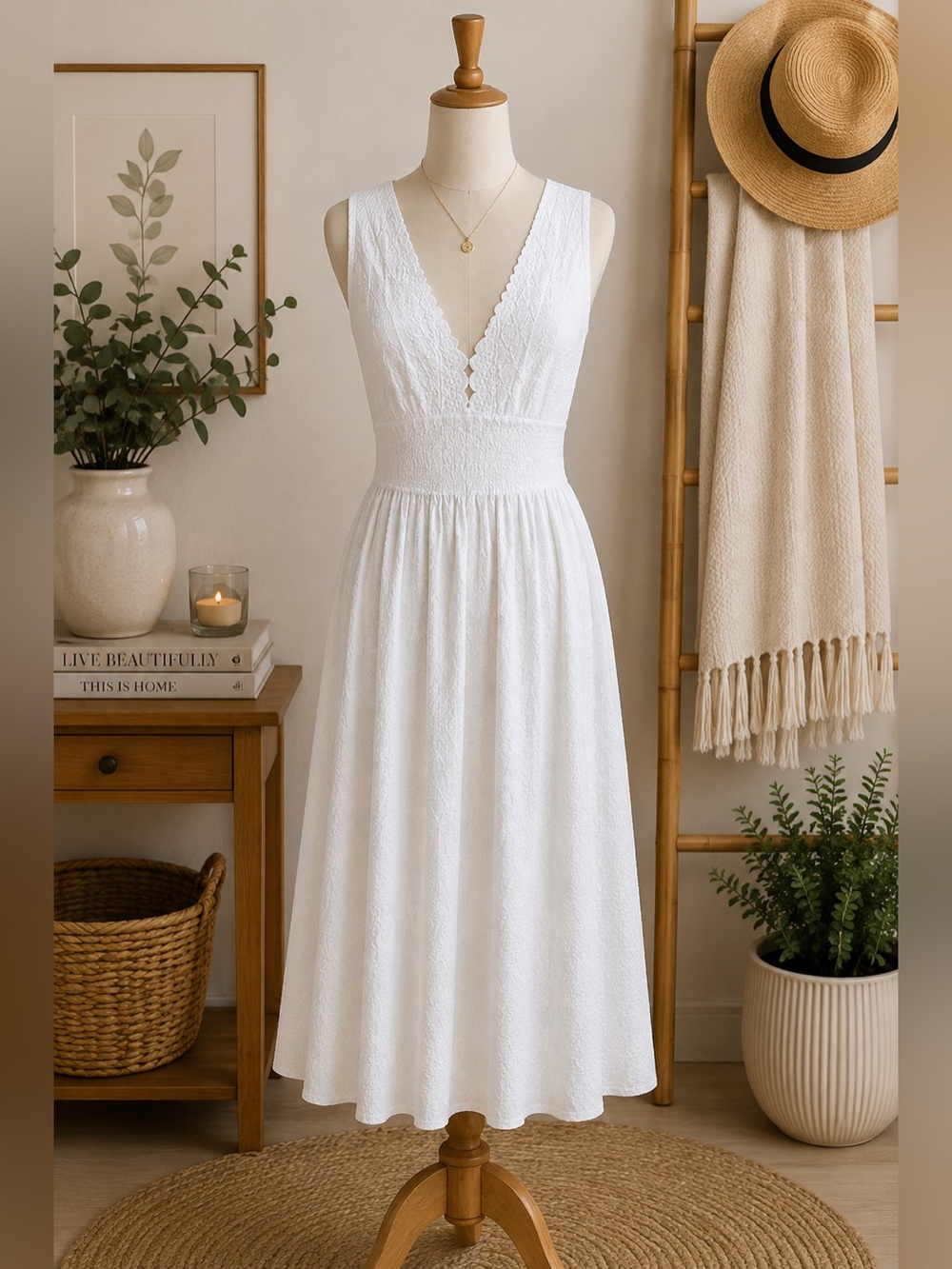 Gianni Bini White Textured Midi Dress Size 0 Sleeveless V Neck Bridal Beach